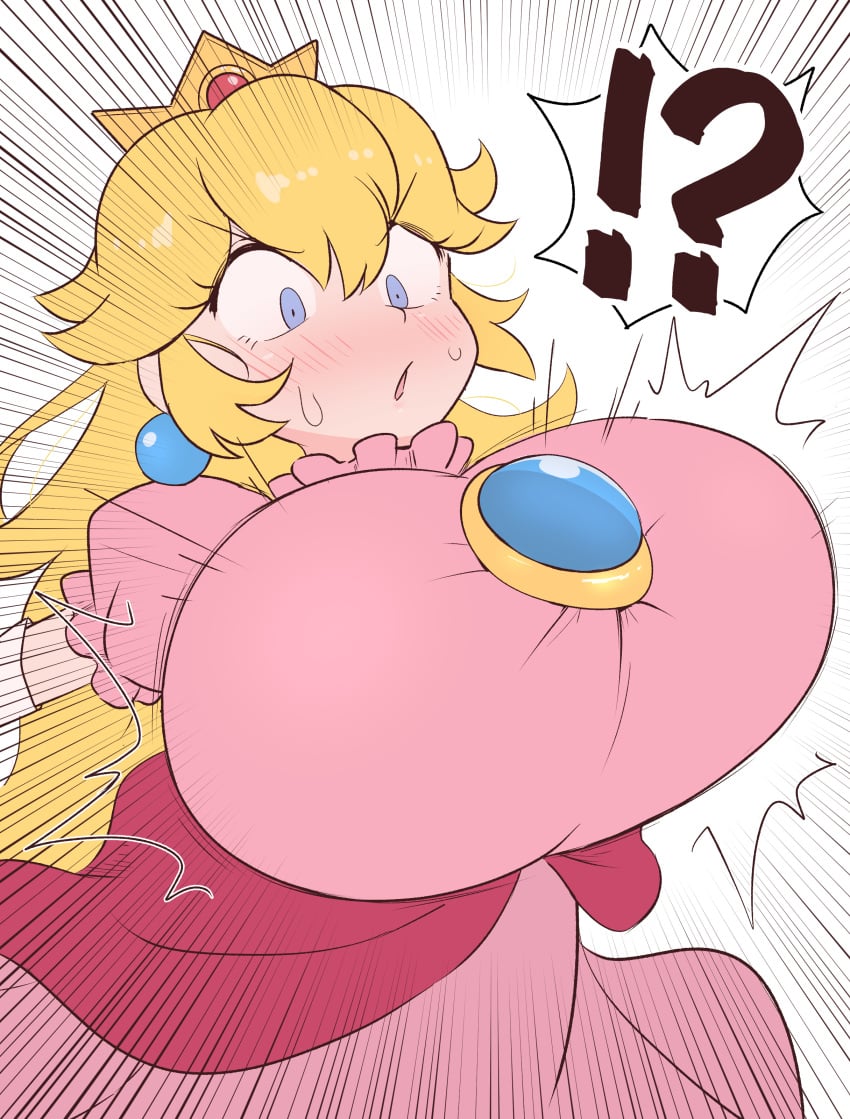 !? 2023 big_breasts blonde_hair blue_eyes blush breast_expansion huge_breasts kurachi_mizuki mario_(series) nintendo princess_peach tagme