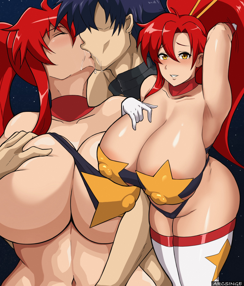 arcsinge breasts breasts_bigger_than_head breasts_grab flustered huge_breasts kissing simon_(tengen_toppa_gurren_lagann) space_yoko tengen_toppa_gurren_lagann yoko_littner