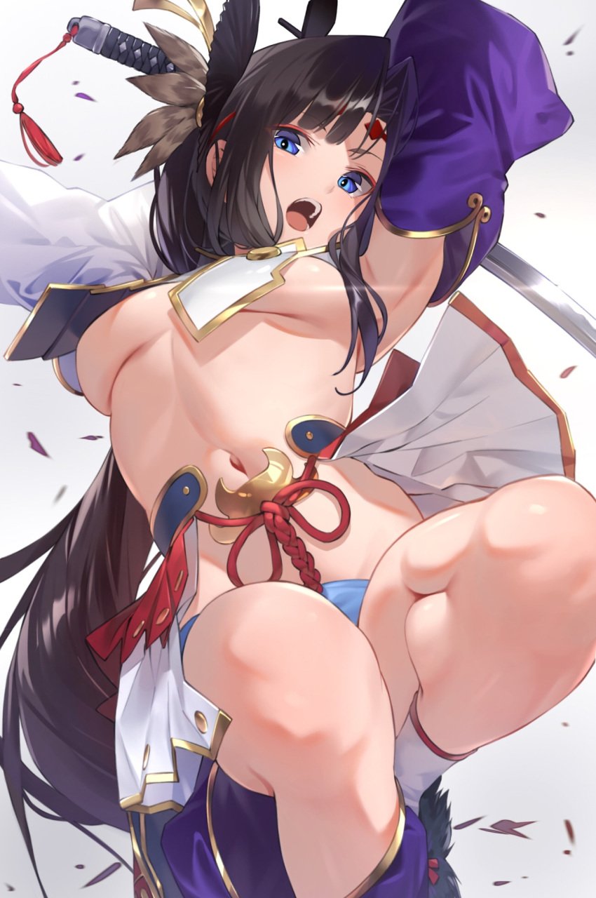 black_hair fate/grand_order fate_(series) female solo sword to_gemichi underboob ushiwakamaru_(fate/grand_order)