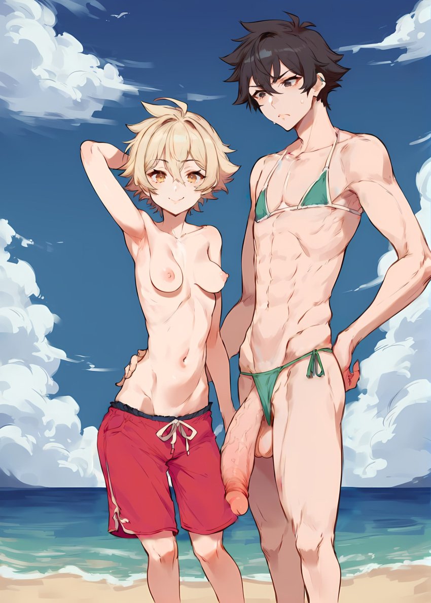 1boy 1girls abs ai_coomer ai_generated ai_hands amber_eyes areolae armpit baggy_clothing baggy_pants balls bangs beach big_penis bikini bikini_on_male black_hair blonde blonde_hair breasts brown_eyes casual_nudity closed_mouth clothes_swap clouds confident confident_female couple crossdressing dark_hair duo duo_focus embarrassed embarrassed_male erect_nipples female flaccid flaccid_penis green_bikini green_bikini_bottom green_bikini_top green_swimwear hand_on_another's_hip hand_on_hip large_penis light-skinned_female light-skinned_male light_skin looking_at_viewer looking_down male male_in_bikini male_swimwear male_swimwear_challenge naked naked_female naked_male navel nipples nude ocean outdoors outside partially_clothed penis penis_out perky_breasts perky_nipples pool red_swimming_trunks red_swimwear sand sea self_upload short_hair side_tie_bikini small_breasts smile stable_diffusion standing straight sunshine sweatdrop sweating swimming_trunks testicles tomboy topless uncensored water waves