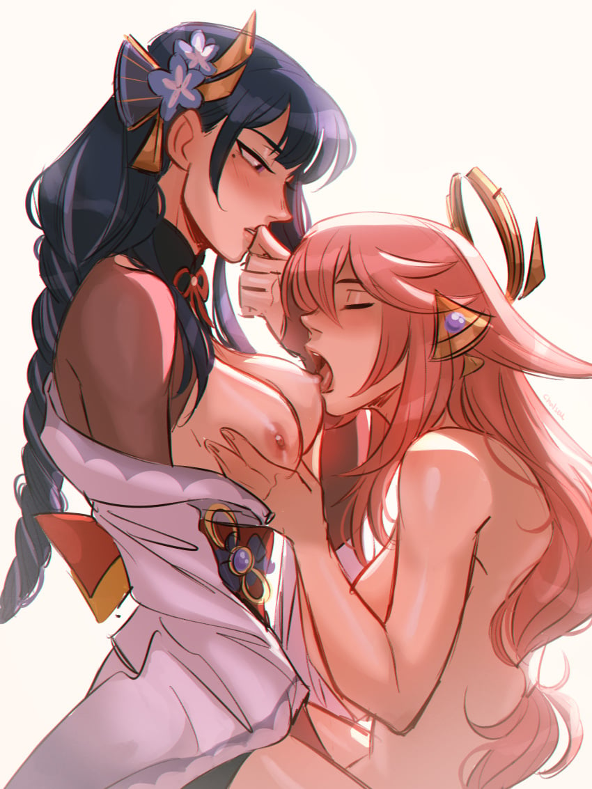 2girls animal_ears bare_shoulders blush braid breast_sucking breasts chalseu closed_eyes earrings flower fox_ears genshin_impact hair_flower hair_ornament halo japanese_clothes jewelry kimono licking licking_breast licking_nipples long_hair long_sleeves looking_at_another looking_down looking_pleasured mechanical_halo medium_breasts mole mole_under_eye multiple_girls nipples obijime off_shoulder pink_hair purple_eyes purple_hair raiden_shogun single_braid sombre_slahc vision_(genshin_impact) yae_miko yuri