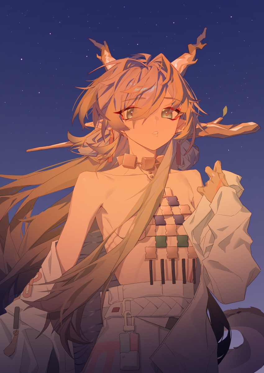 arknights female green_eyes horns no_top pink_hair shirtless shu_(arknights) shuibaow skinny_female small_breasts sunset