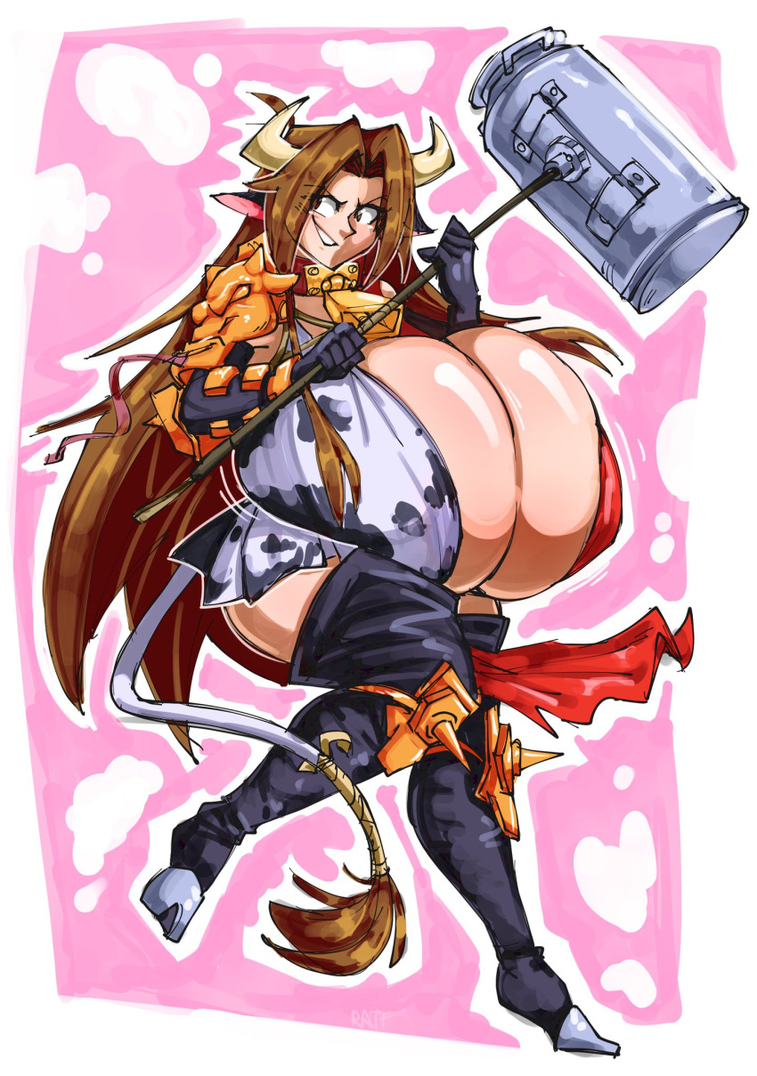 1girls auroch_nsfw breasts brown_hair cleavage cow_ears cow_girl cow_horns cow_print cow_tail cowbell female hammer huge_breasts matsu-sensei mattie_(matsu-sensei) original_character top_heavy weapon