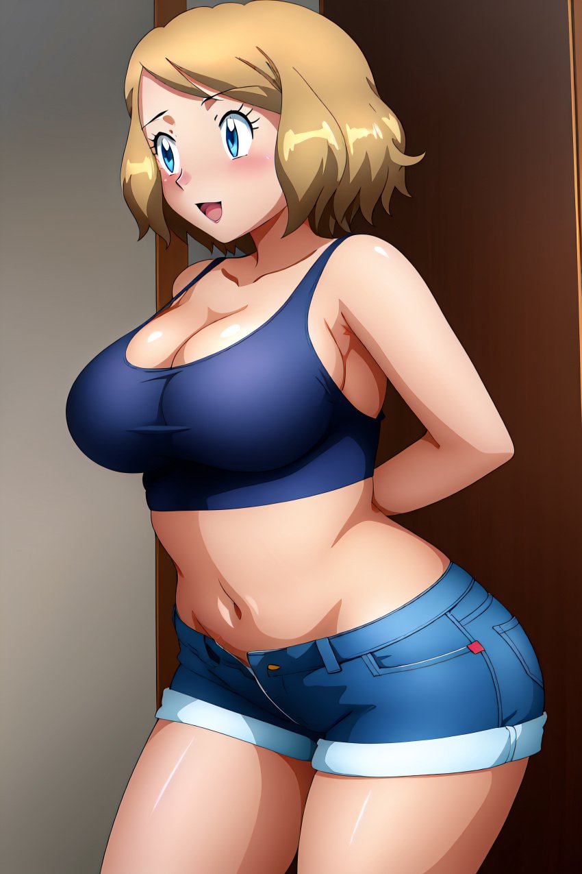 ai_generated arms_behind_back belly belly_button big_breasts blush busty cleavage creatures_(company) crop_top curvy denim_shorts female female female_only front_view game_freak hi_res highres navel nintendo open_mouth pokemon pokemon_(game) pokemon_trainer pokemon_xy seraphim_ai serena_(pokemon) shorts smile solo stable_diffusion thick_thighs