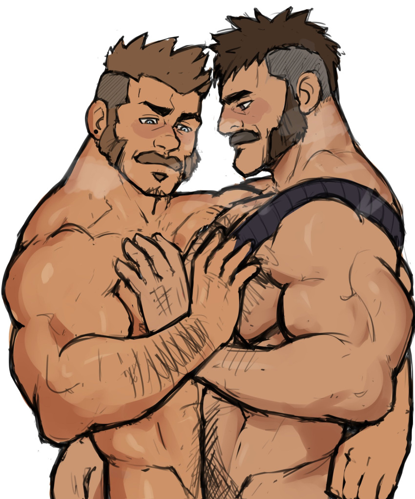 2022 2boys bara barazoku beard blush bsun30425111 cybernetic_eye daddy facial_hair gay hi_res highres kano_(mortal_kombat) male male/male male_only manly mature_male mortal_kombat mortal_kombat_11 moustache muscular_male netherrealm_studios no_visible_genitalia nude