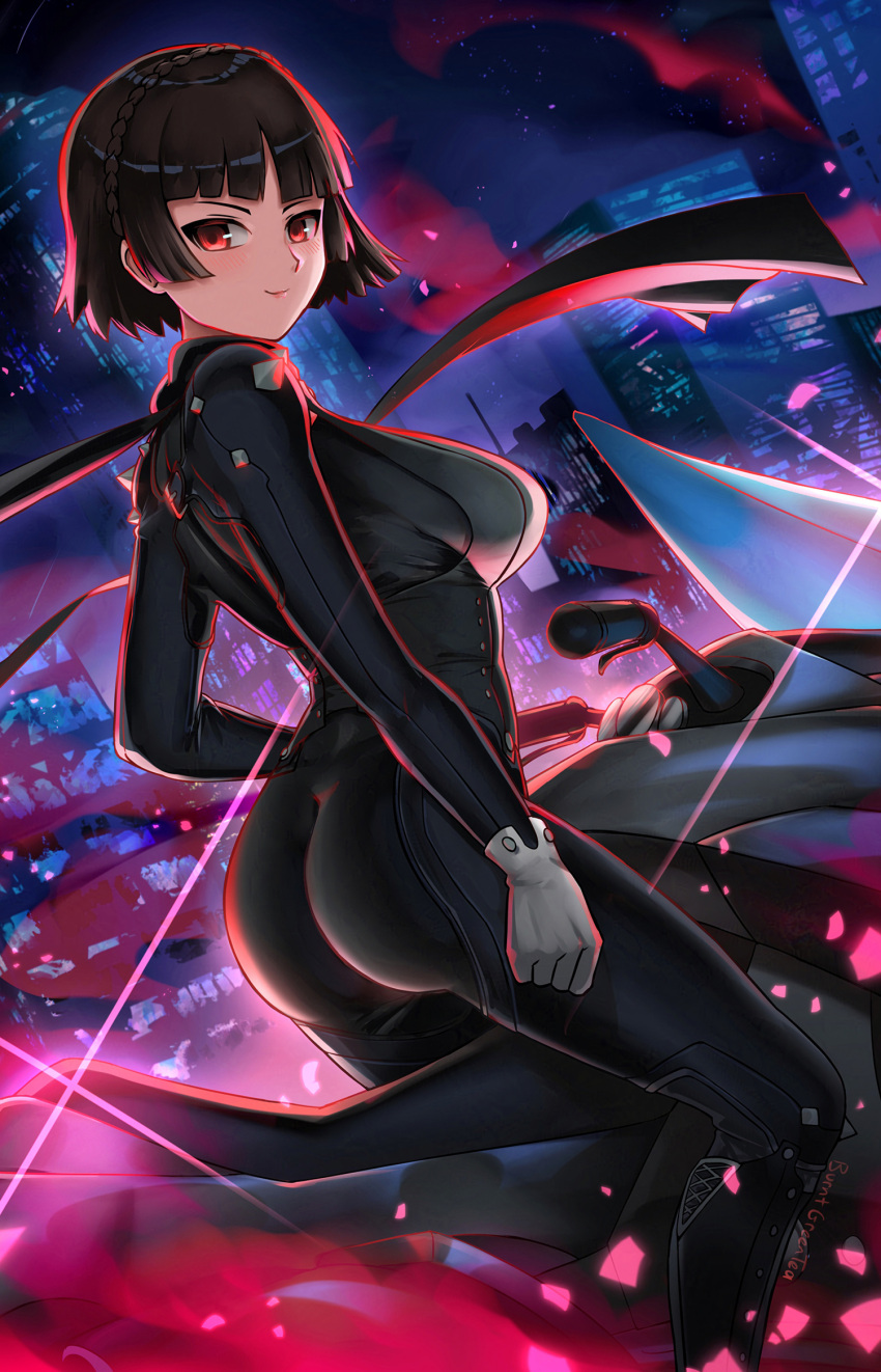 ass atlus burnt_green_tea clothing female female_only human johanna_(persona) makoto_niijima motorcycle pale_skin persona persona_(species) persona_5 phantom_thief_suit sideboob solo tagme vehicle