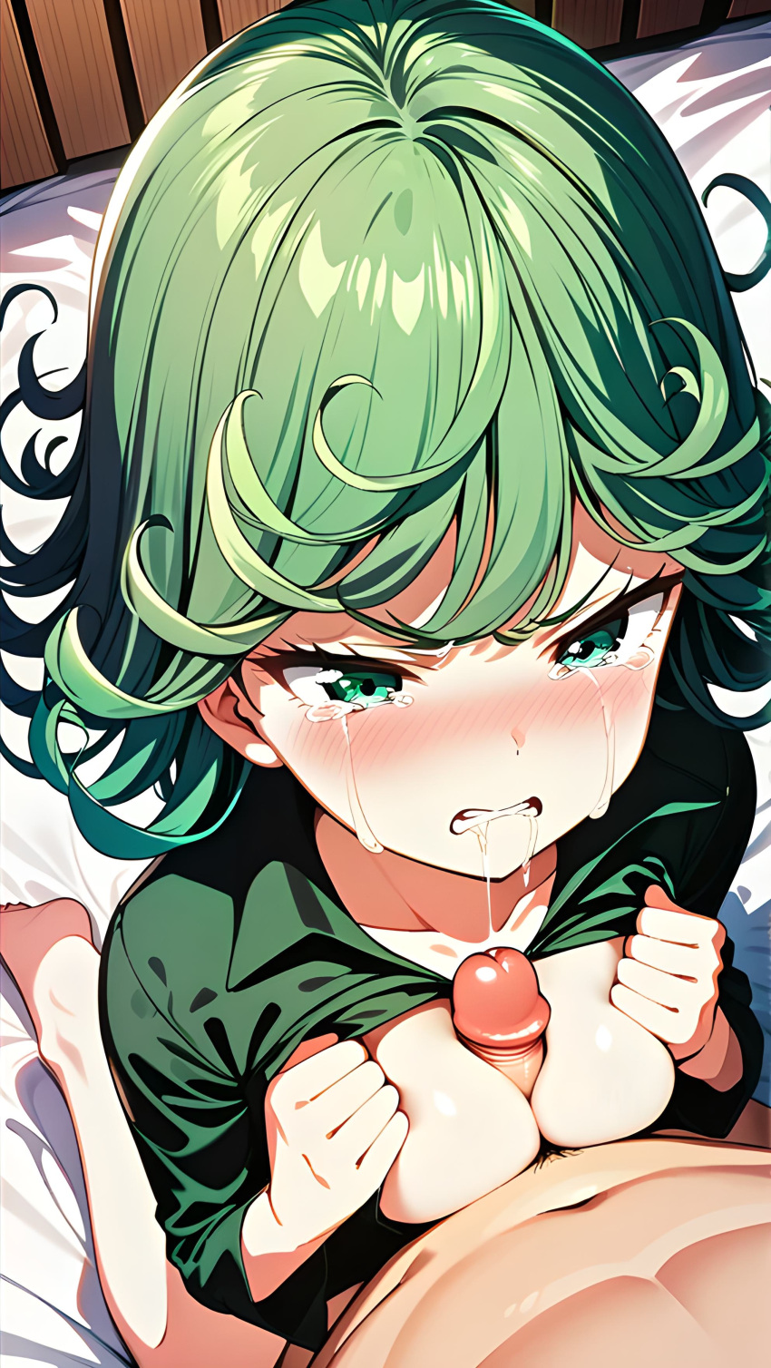 1girls ai_generated annoyed annoyed_expression bed bedroom breasts cum cum_in_mouth cum_inside cum_on_breasts cum_on_face forced forced_oral green_eyes green_hair one-punch_man paizuri semen semen_in_mouth semen_on_body semen_on_breasts small_breasts small_hips small_tits small_waist tatsumaki titfuck titjob violated_heroine violation