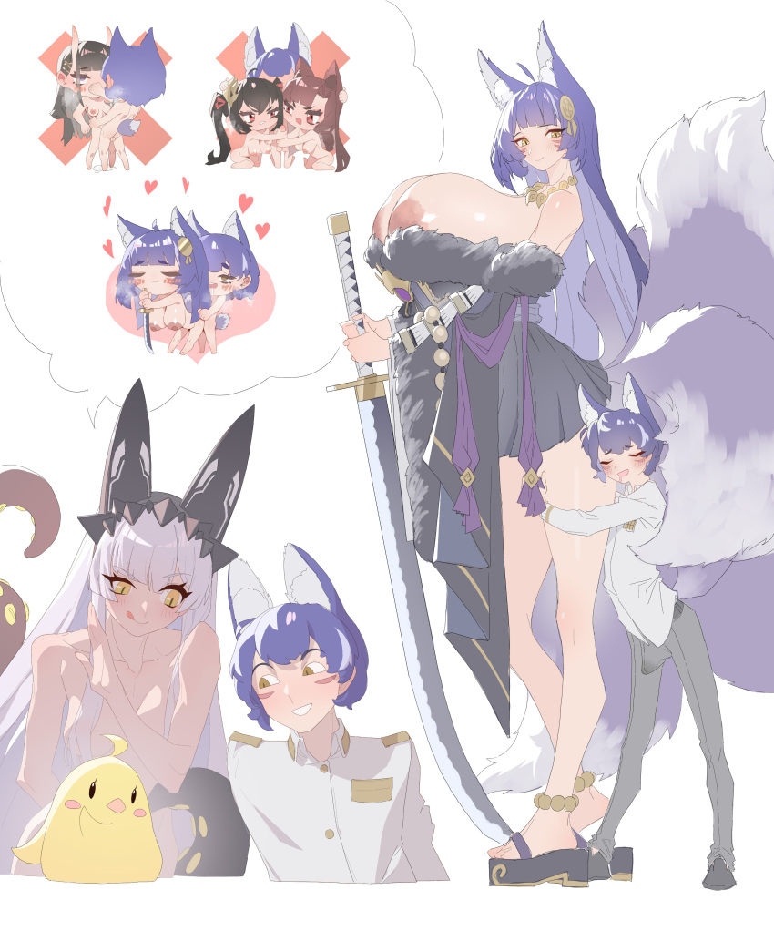 azur_lane beads blowjob blush breasts_bigger_than_head brother_and_sister drooling fox_boy fox_ears fox_girl fox_tail handjob huge_breasts hugging_from_behind katana kimono kitsune missionary musashi_(azur_lane) sex shuibaow siren_(azur_lane)