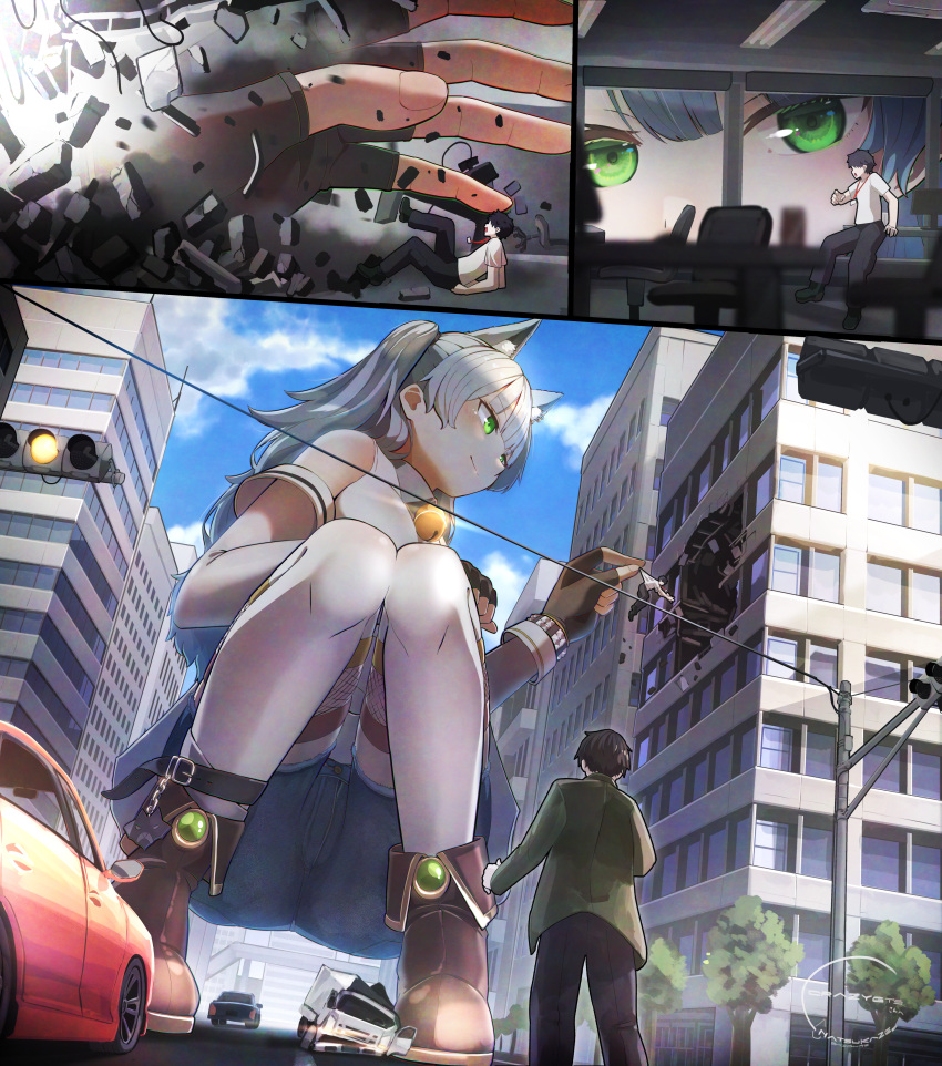 anime_style blue_hair city close-up clouds comic copyright_request dark_hair daytime debris destruction feline finger fingerless_gloves fingers giantess green_eyes hand hands long_hair macrophilia office perspective pixiv pov shrunk shrunken skyscraper street tiny_person traffic_light view window windows