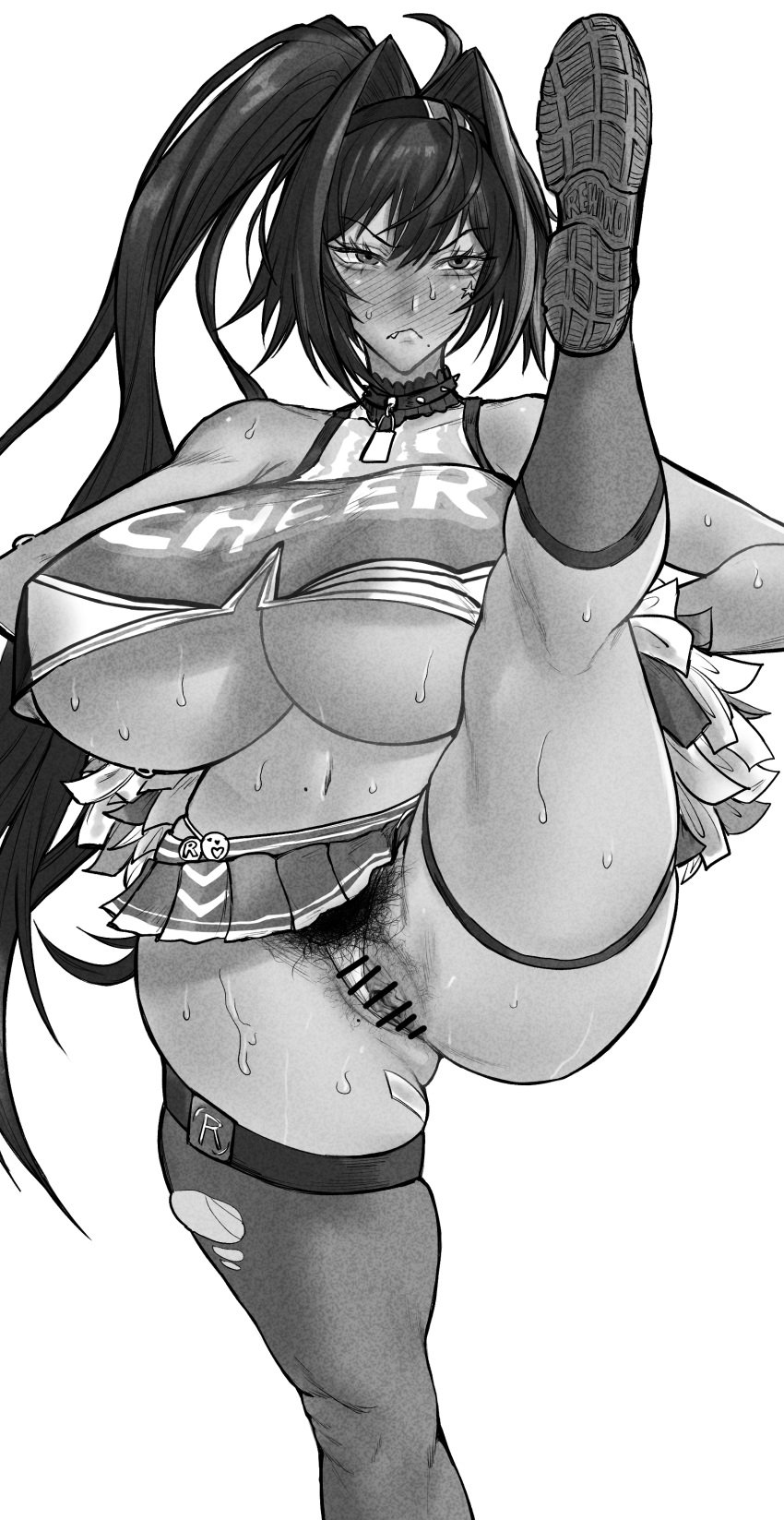 absurdres bay_(nikke) blush breasts breasts_bigger_than_head censored cheerleader female_pubic_hair fukamichi_ran'ou goddess_of_victory:_nikke highres huge_breasts leg_up long_hair mole monochrome multiple_moles oerba_yun_fang panties pom_pom_(cheerleading) pubic_hair pussy sweat sweatdrop underboob underwear