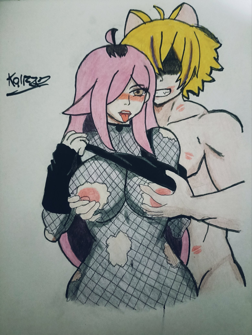 1boy 1girls big_breasts blush breasts kaizzer kendomurft latam_virtual_youtuber lifted_shirt long_hair neneefthy nipples nude_female pink_hair tagme text virtual_youtuber vtuber vtuberfanart white_background yellow_eyes yellow_hair