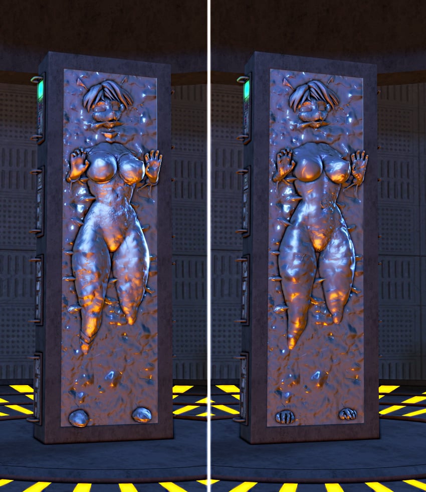 anthro bound breasts carbonite clothed/nude encasement female frozen furry krystal nintendo nipples nude petrification sfmcarbonfreezer solo source_filmmaker star_fox star_wars