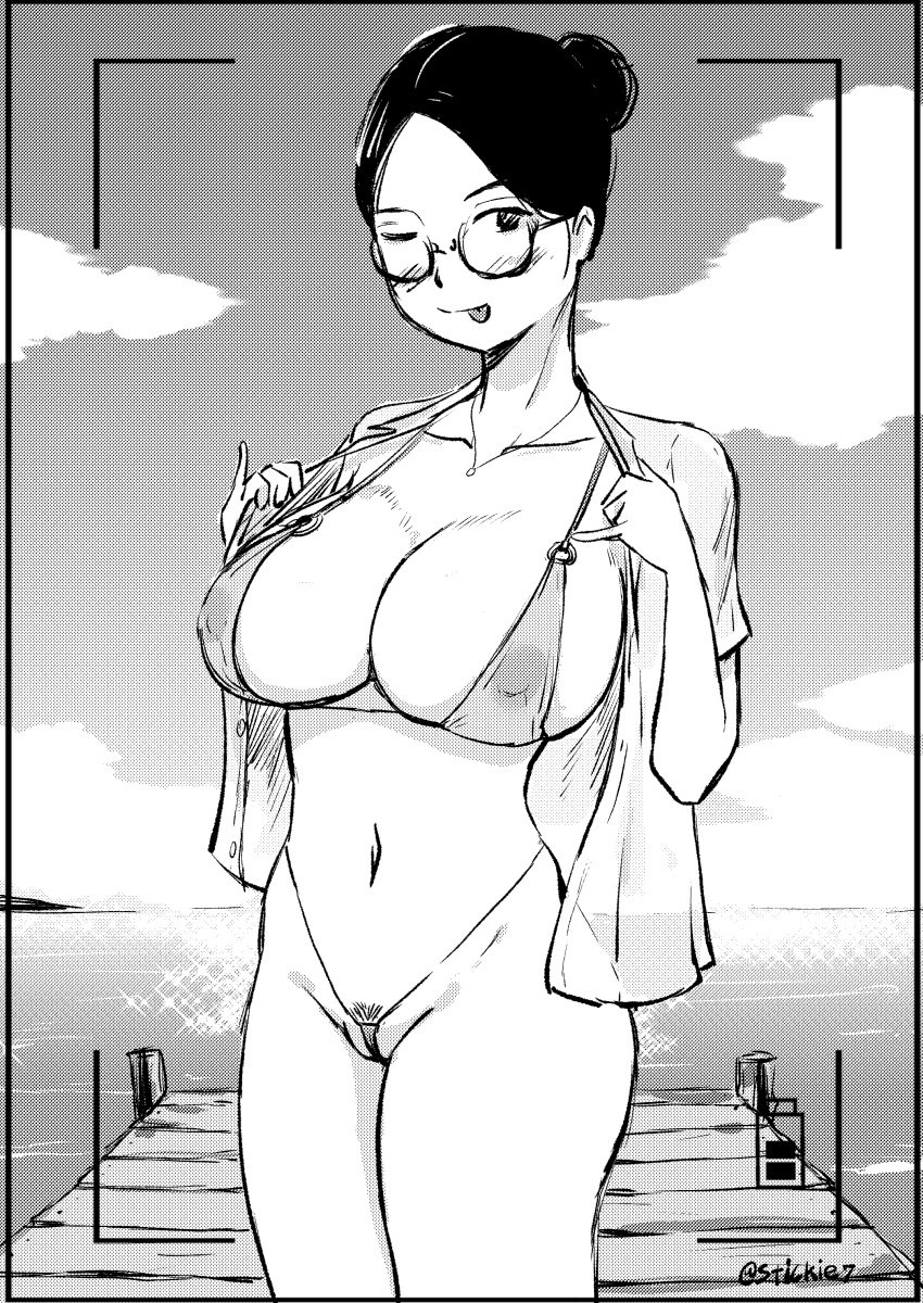 1girls big_breasts bikini black_and_white breasts busty curvaceous curvy curvy_body curvy_female curvy_figure female female_pubic_hair glasses huge_breasts large_breasts one_eye_closed original original_character pubic_hair stickie7 tongue tongue_out voluptuous