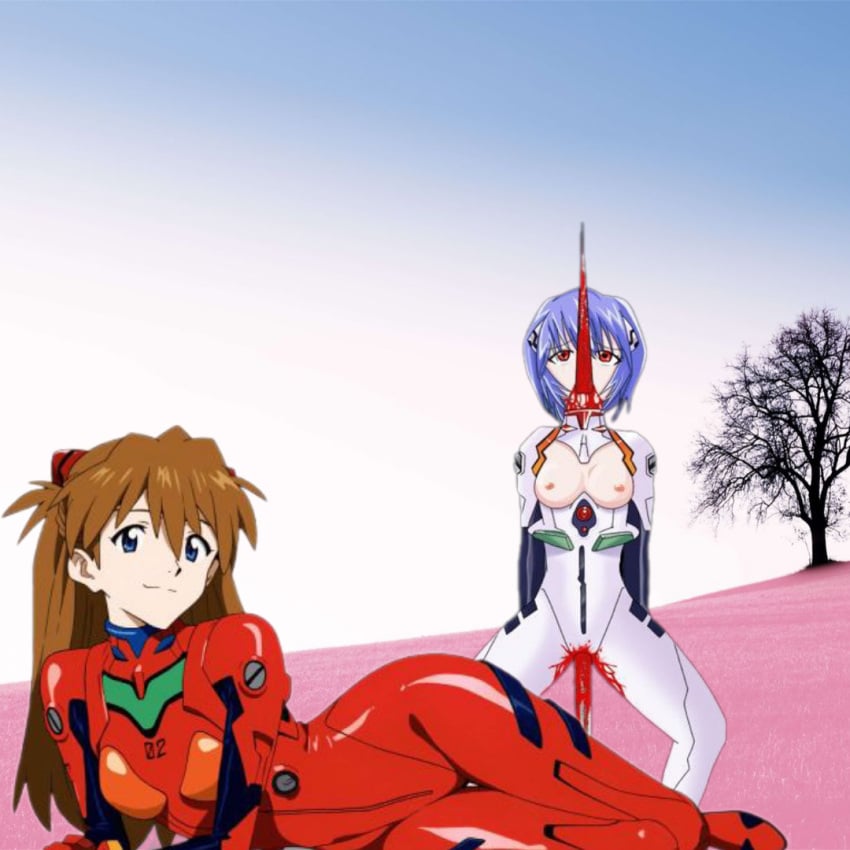 2girls asuka_langley_sohryu blood blue_eyes blue_hair death deser female_death gore guro impalement lezdom lying multiple_girls neon_genesis_evangelion orange_hair plugsuit red_bodysuit red_eyes rei_ayanami smile smiling_at_viewer white_bodysuit