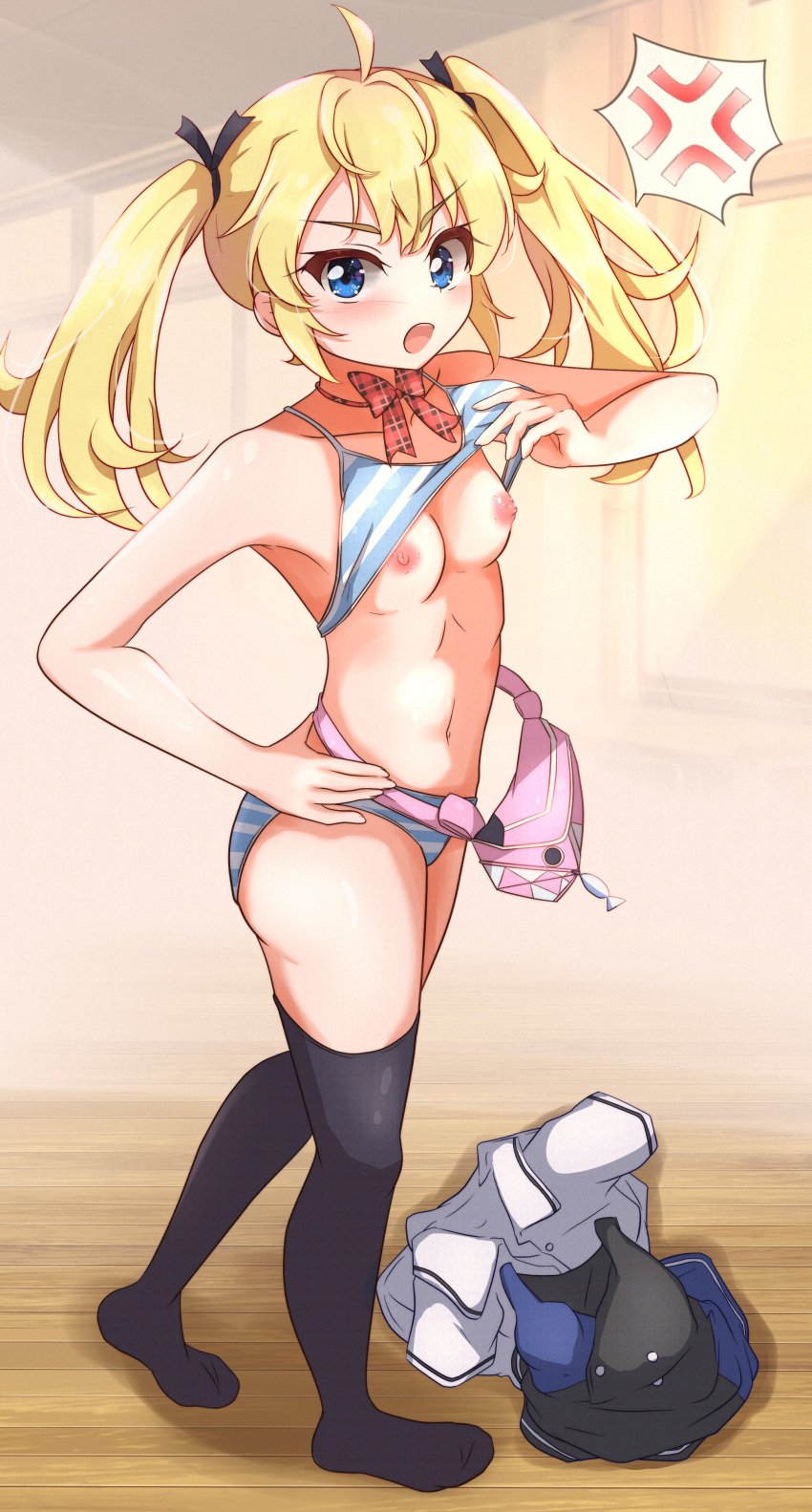 black_stockings blonde_hair blue_eyes blush_lines clothes_on_floor exposed_breasts fanny_pack grisaia_(series) grisaia_no_kajitsu hair_ribbons lifting_bra matsushima_michiru neck_ribbon partially_clothed school_uniform striped_bra striped_panties tsundere yuzukiten