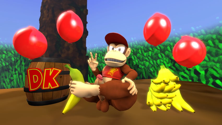 2021 3d anthro balloon balls banana barrel big_penis brown_body brown_fur clothing crop_top diddy_kong digital_media_(artwork) donkey_kong_(series) doommusk food fruit fur genitals gesture half-closed_eyes hand_gesture hand_on_leg hand_on_own_leg haplorhine hat headgear headwear hi_res holding_banana holding_food holding_fruit holding_object holding_object_with_feet inflatable kong looking_at_viewer male mammal monkey multicolored_body multicolored_clothing multicolored_crop_top multicolored_fur multicolored_shirt multicolored_topwear narrowed_eyes nintendo on_ground outside penis plant pose primate red_clothing red_crop_top red_hat red_headwear red_shirt red_topwear shirt sitting sitting_on_ground smile solo source_filmmaker_(artwork) tan_body tan_ears tan_fur tan_nose teeth topwear tree two_tone_body two_tone_clothing two_tone_crop_top two_tone_fur two_tone_shirt two_tone_topwear v_sign yellow_clothing yellow_crop_top yellow_shirt yellow_topwear