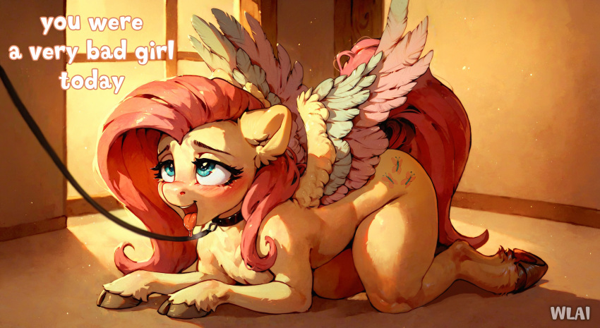 1girls ahe_gao ai_generated blue_eyes english_dialogue english_text equine female feral fluttershy_(mlp) leash leash_and_collar my_little_pony offscreen_character petplay pink_hair wiselynxai