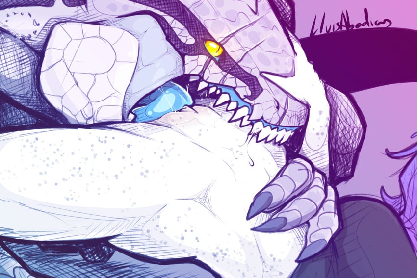 absurd_res anthro blue_tongue claws close-up cunnilingus dungeons_and_dragons duo eye_scar facial_scar female female_on_anthro freckled_legs freckles genitals hand_on_head hasbro hi_res human human_on_anthro interspecies lizardfolk_(dnd) lizardman lluisabadias male male/female male_on_human mammal oral pupils pussy scalie scar sex sharp_teeth slit_pupils teeth tongue vaginal_penetration wizards_of_the_coast yellow_eyes yu&#039;hiss