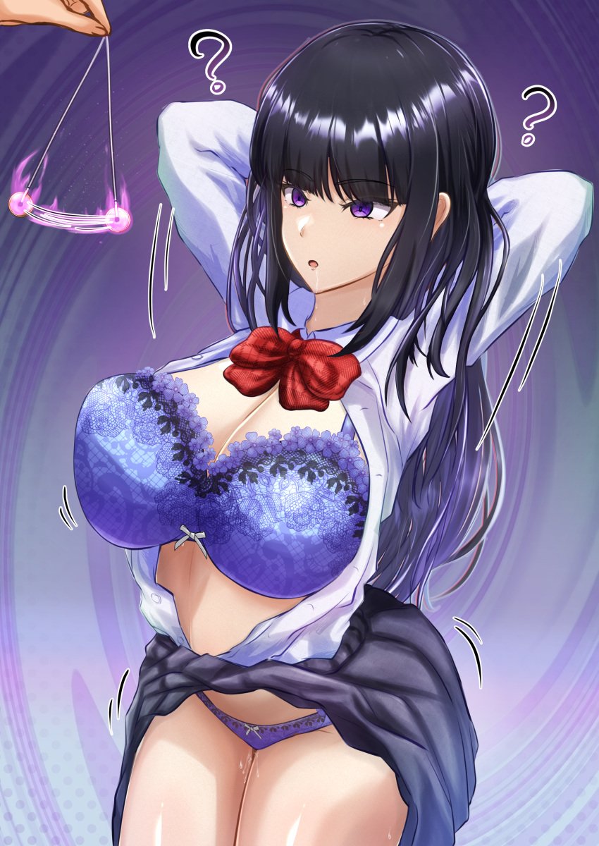 absurd_res absurdres ahoge aineko_nekoko altered_common_sense arms_behind_head black_hair bow bow_bra bow_panties bra change_in_common_sense cleavage clothed comic common_sense_change doujin_cover drool emotionless emotionless_female empty_eyes exposed_breasts femsub glowing_object glowing_pendulum huge_breasts hypnosis indifference indifferent lingerie long_hair male_pov maledom mind_control original panties pendulum pendulum_swinging pov_male purple_bra purple_eyes purple_lingerie purple_panties school_uniform simple_background skirt skirt_lift squirting standing unaware unaware_hypnosis utter_domination voluptuous voluptuous_female wide_hips