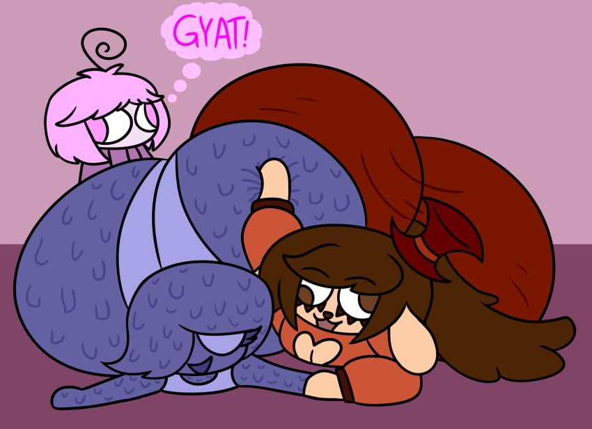 baws_(artist) big_ass big_butt brown_eyes brown_hair canine derpy derpy_eyes dumb femboy furry huge_ass hyper hyper_ass laying_down laying_on_stomach male_only pants pink_eyes pink_hair silly size_difference slime