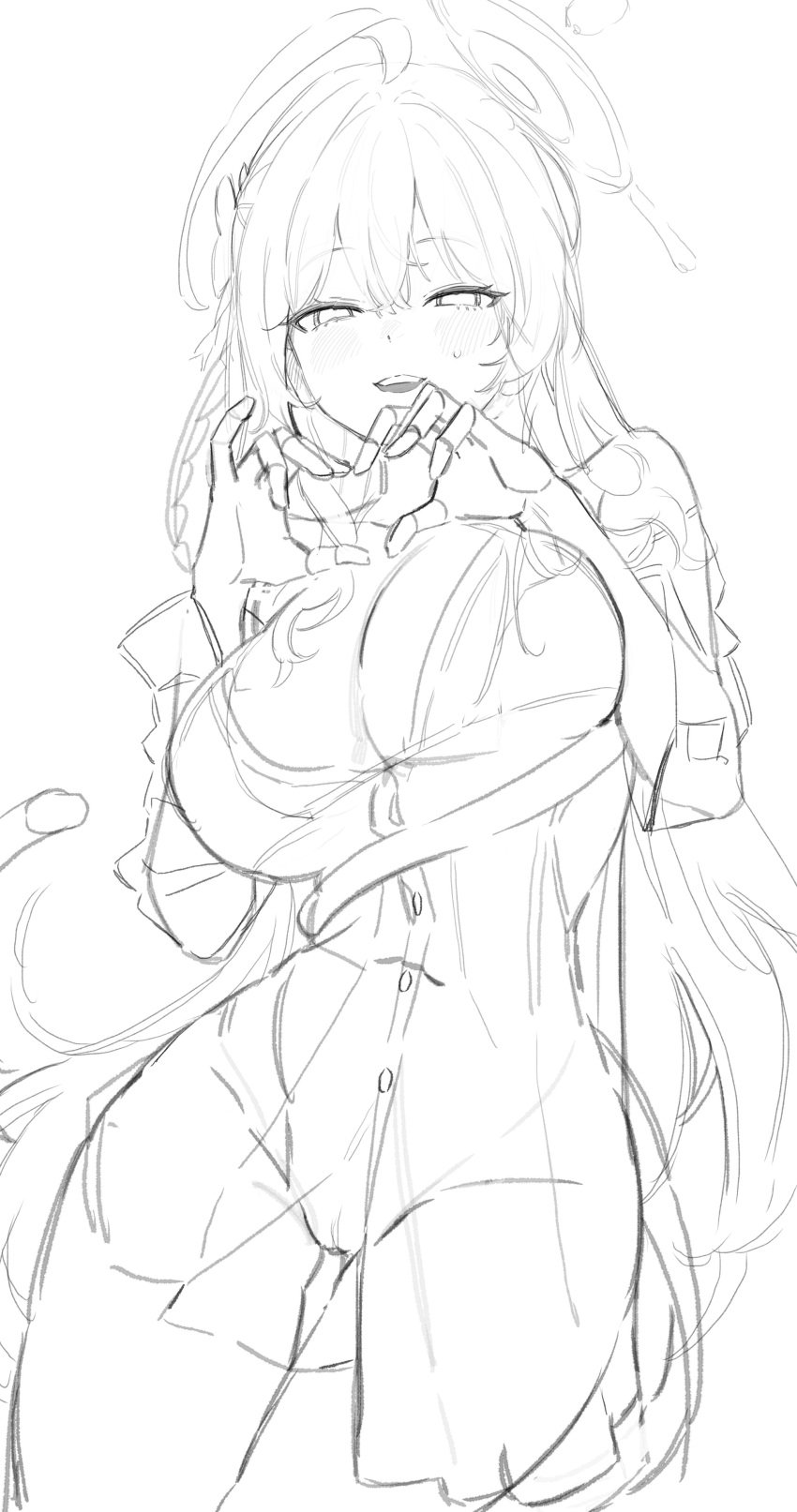 1girls big_breasts black_and_white blue_archive blush breasts female freng hanako_(blue_archive) heart_symbol looking_at_viewer no_color pussy sketch sweatdrop tagme