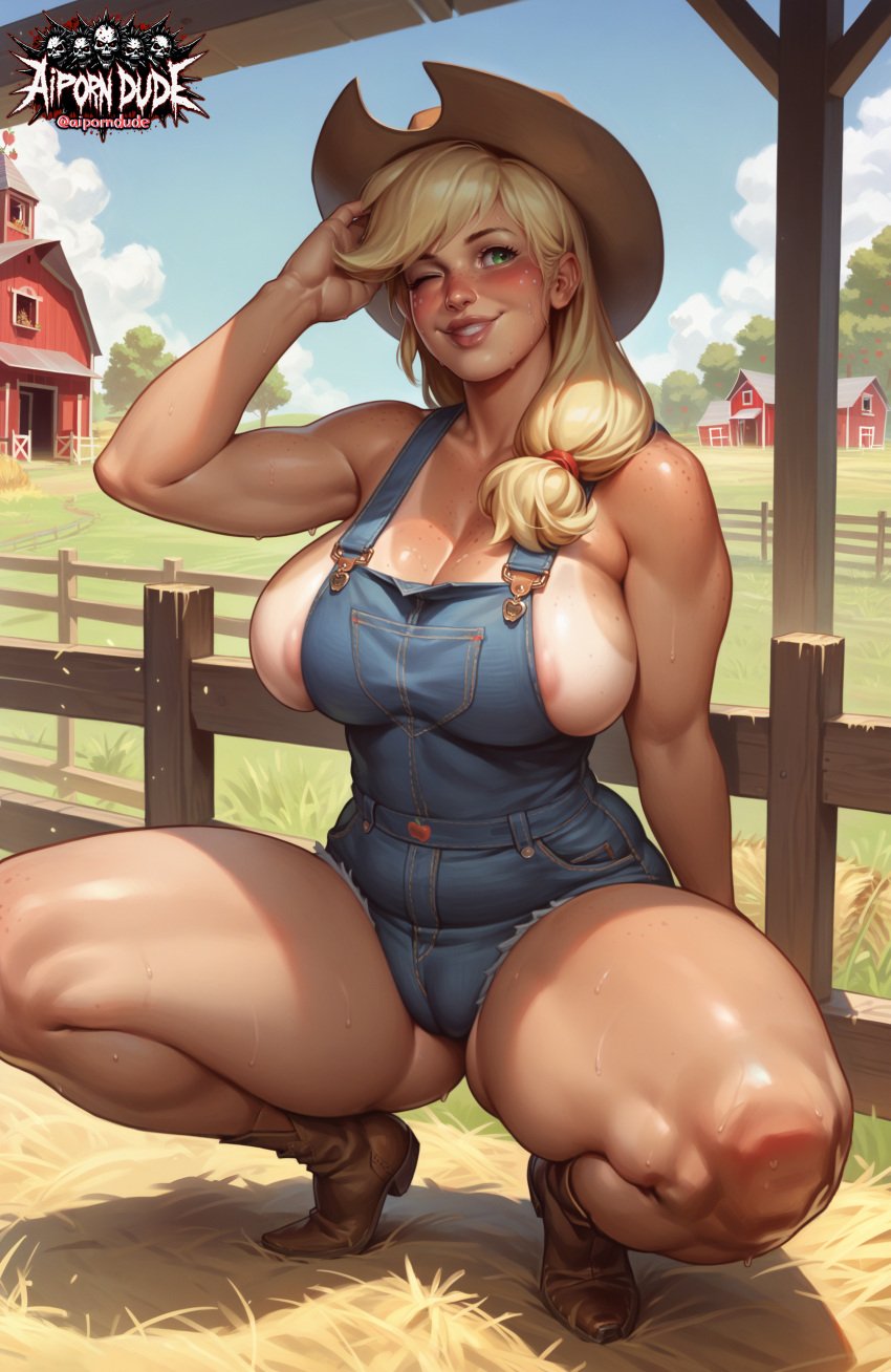 ai_generated aiporndude applejack_(mlp) areola areola_slip areolae barn blonde_female blonde_hair cameltoe cowboy_boots cowboy_hat curvaceous curves curvy curvy_body curvy_female curvy_figure curvy_hips curvy_thighs farm green_eyes hay huge_ass huge_breasts huge_butt huge_thighs humanized large_ass large_breasts large_butt large_thighs legs_apart looking_away my_little_pony nipple_slip one_eye_closed outdoors outside overalls overalls_only plump plump_ass plump_breasts plump_butt plump_labia plump_lips plump_thighs plump_vulva ponytail pose sabudenego_(style) shiny shiny_skin skin_tight skindentation smile smiling squatting sweat sweatdrop sweaty sweaty_body sweaty_breasts tan_body tan_skin tanline teeth thick thick_ass thick_butt thick_hips thick_legs thick_lips thick_thighs thighs wide_hips