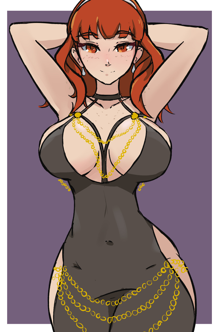 1girls alternate_costume arms_behind_head bangs breasts celica_(fire_emblem) choker covered_navel dress earrings female female_only fire_emblem fire_emblem_echoes:_shadows_of_valentia hourglass_figure in2naps large_breasts looking_at_viewer medium_hair modakawa_dress nintendo orange_eyes orange_hair pose side_slit smile solo wide_hips