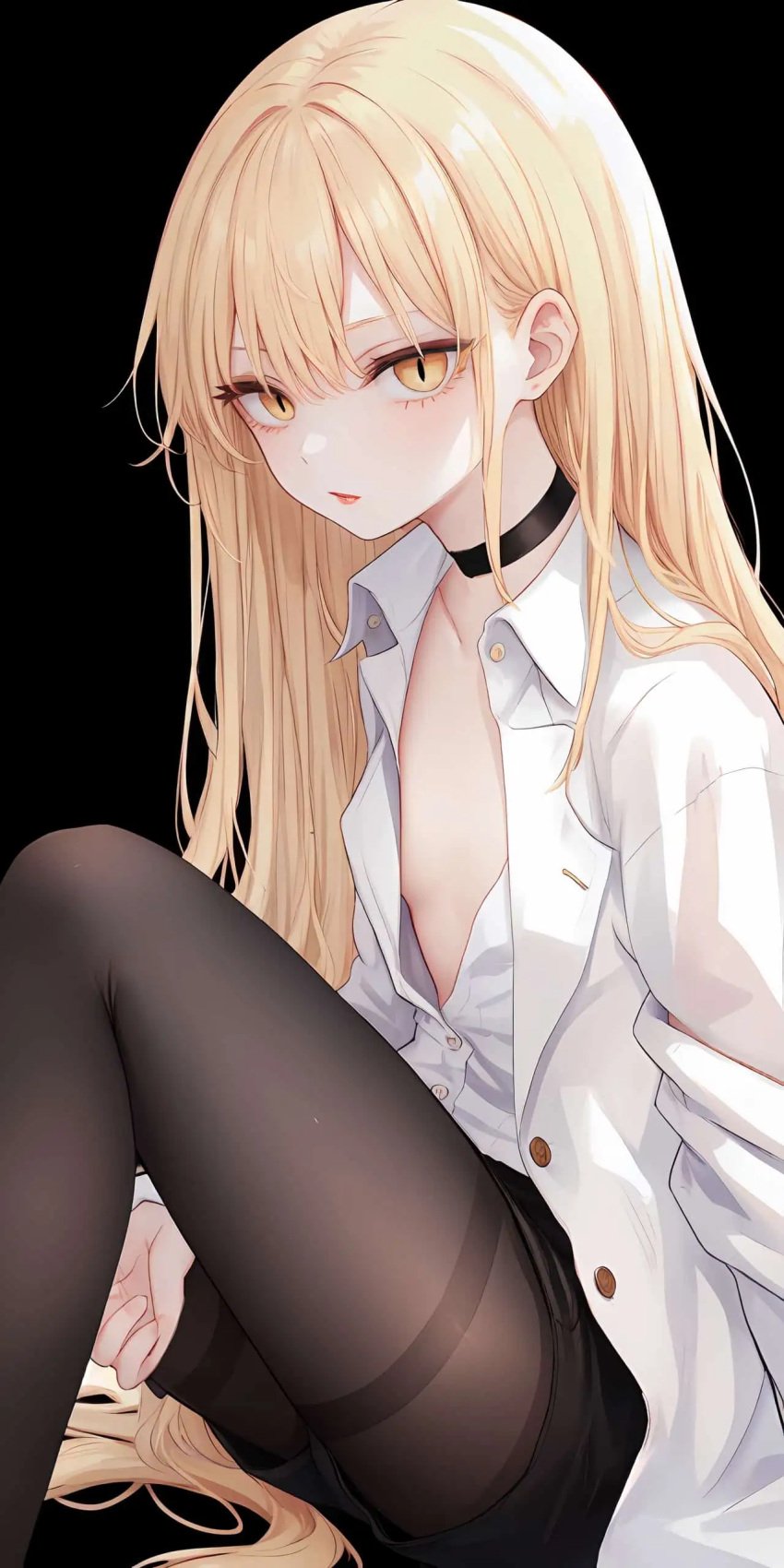 1girls ai_generated artist_request black_background blonde_female blonde_hair blonde_hair_female cat_eyes choker female flat_chest guideau long_blonde_hair long_hair looking_at_viewer majo_to_yajuu no_background pantyhose plain_background pose posing posing_for_the_viewer shirt simple_background slit_pupils solo solo_female solo_focus solo_girl the_witch_and_the_beast unbuttoned unbuttoned_shirt white_shirt yellow_eyes