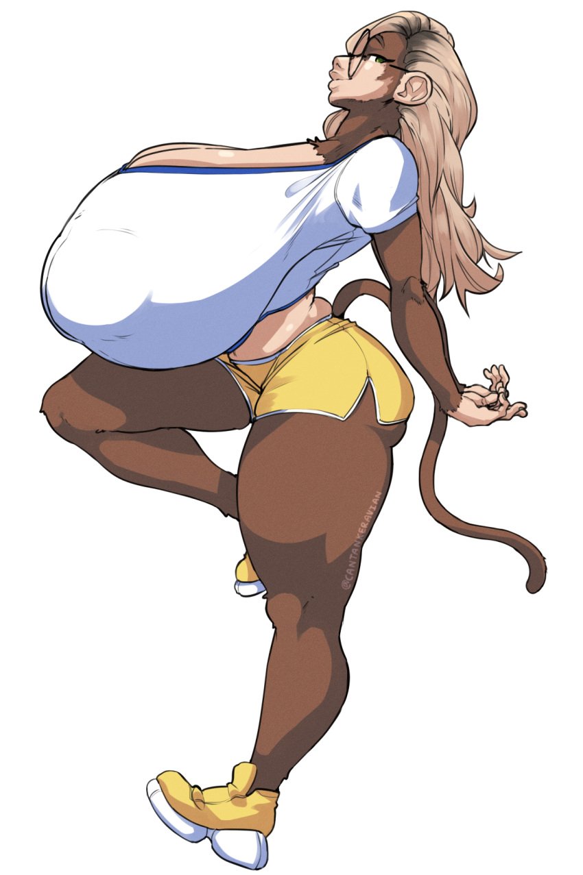 1girls anthro blonde_hair boobs breasts breasts_bigger_than_head cantankeravian female female_only furry glasses huge_breasts hyper_breasts maddie_kong_(madzisstacked) madz_(madzisstacked) madzisstacked monkey monkey_girl monkey_tail nipple_bulge shorts tail thick_thighs thighs white_background