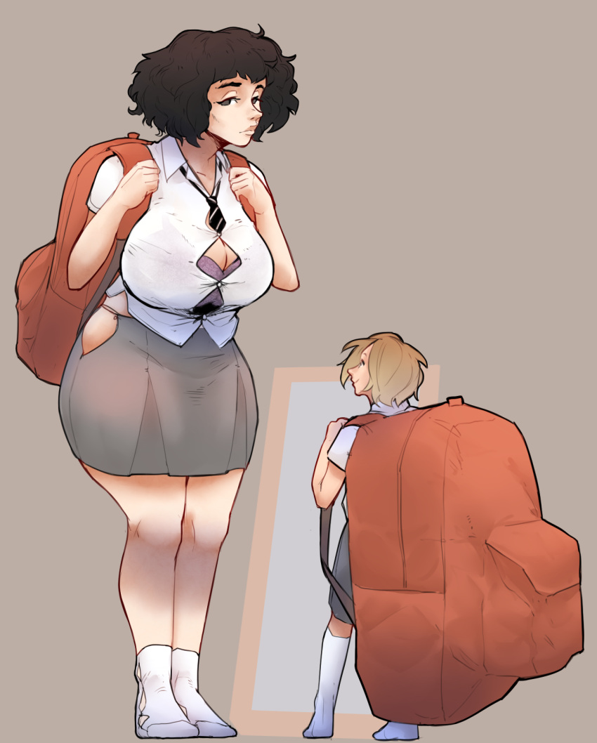 2girls big_breasts breasts cantankeravian comically_large_object female funny height_difference isabel isabel_(kazarinka) kazarinka_(artist) mini_giantess multiple_girls school_uniform thick_thighs thighs wardrobe_malfunction