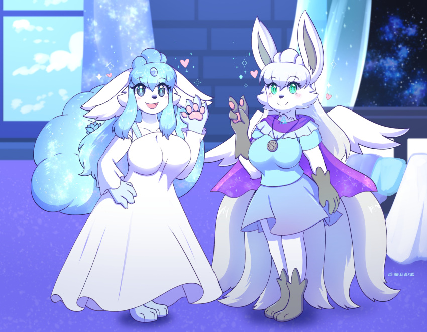 2girl 2girls alolan_vulpix blue_eyes cape dress ear ears_down ears_up green_eyes heart hearts_around_head legs necklace no_humans pokemon pokemon_(species) purple_cape purple_scarf scarf short_skirt skirt starletnexus starlight_nexus tail thighs tight tight_clothing tight_fit vulpix white_dress white_fur white_hair wings