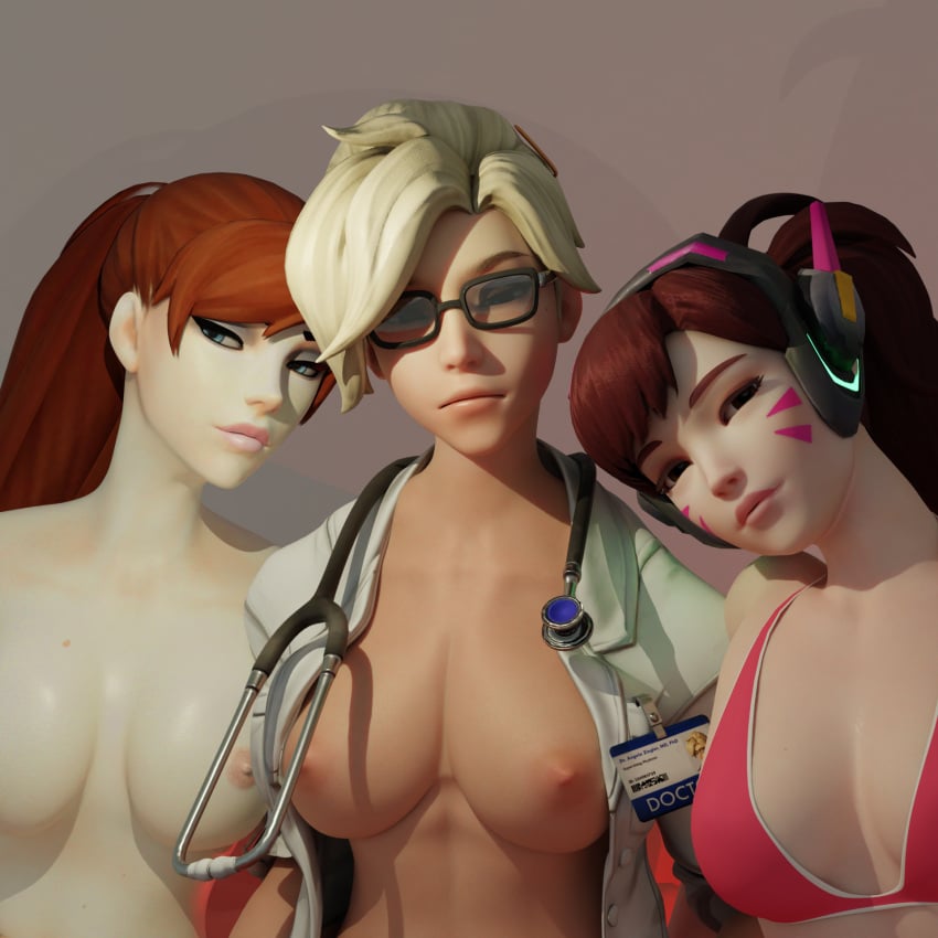 1:1 3d 3girls amelie_lacroix angela_ziegler artist_request blizzard_entertainment blonde_hair blue_eyes bra breasts brown_eyes brown_hair cleavage d.va dr._ziegler exposed_breasts facial_markings female female_only glasses hana_song headgear id_card long_hair medium_breasts mercy nipples open_clothes open_labcoat overwatch overwatch_2 ponytail source_request stethoscope topless trio upper_body widowmaker