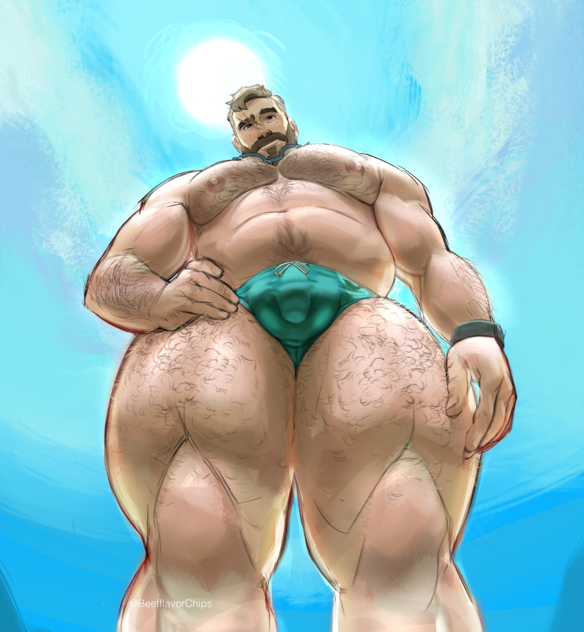 1boy 2023 2024 balls bara barazoku beard beefflavorchips bulge coral_island daddy hairy_chest hi_res highres looking_at_viewer male male_nipples male_only male_pubic_hair manly mark_(coral_island) mature_male muscular_male nipples penis penis_outline see-through_clothing swimwear underwear