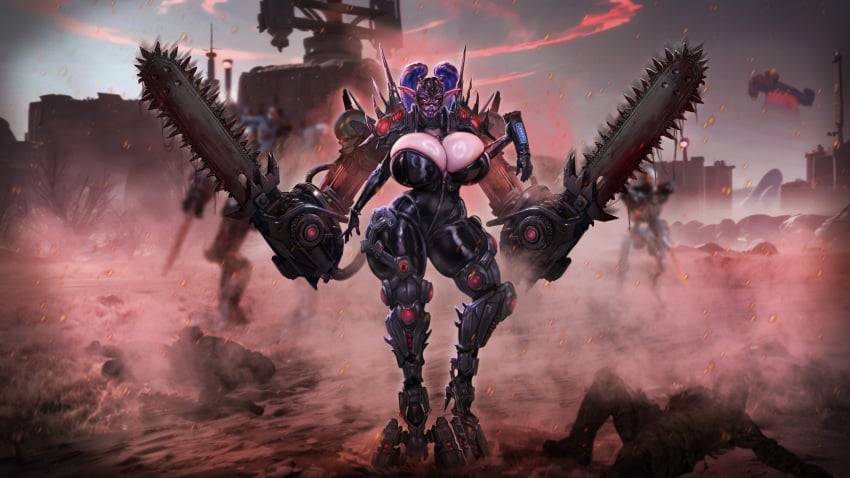 armor armored_legwear automaton_(helldivers) berserker_(helldivers) berserker_hell big_breasts blizzard_entertainment blood breast_squeeze helldivers helldivers_2 high_heel_boots large_breasts mister69m myafkalka night_elf one_arm spikes tight_clothing tight_fit warcraft wide_hips world_of_warcraft