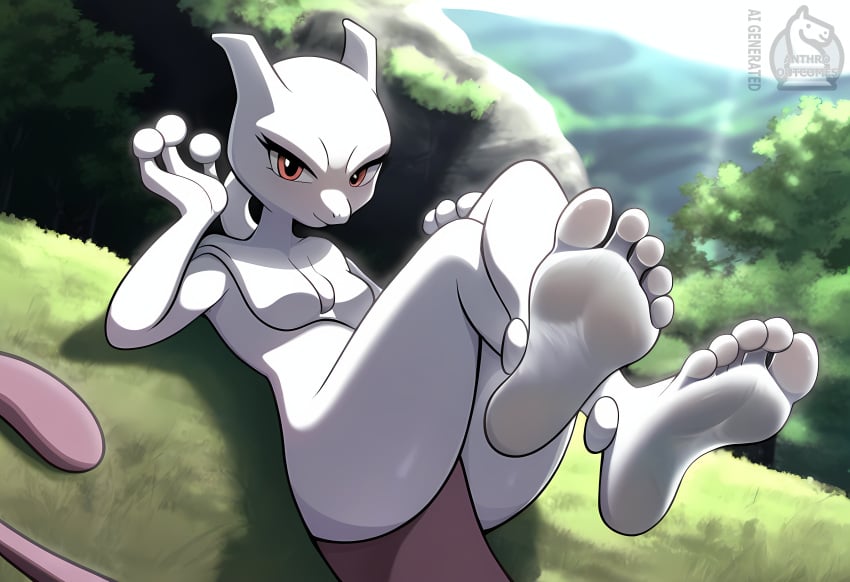 5_toes ai_generated anthro anthrooutcomes feet feet_together feet_up foot_fetish foot_focus mewtwo nippleless pokemon pokemon_(species) soles soles_female