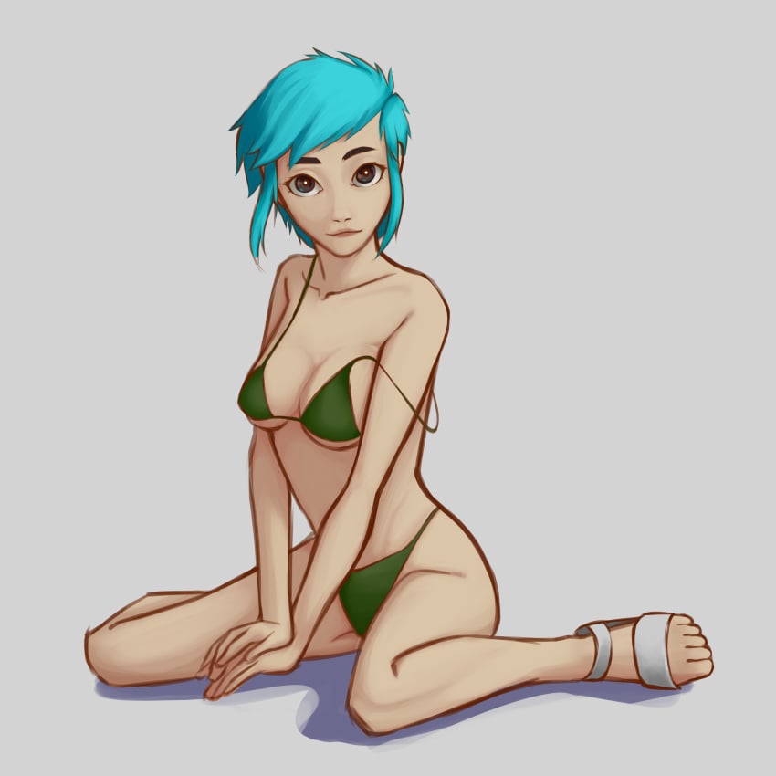 1girls bikini black_eyes blue_hair female green_bikini raccsquisite1 ramona_flowers sandals scott_pilgrim short_hair solo solo_female strap_slip