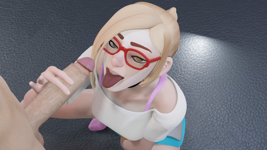 1boy 1girls 3d 4k absurd_res andavaverse blonde_hair bra darcy_redd female glasses handjob hi_res light_brown_eyes open_mouth penis red-framed_glasses socks thin_female tongue_out white_shirt white_skin