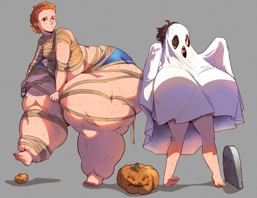 2girls anna_(cantankeravian) bad_anatomy bottom_heavy breasts cantankeravian edie_(cantankerous_avian) fat female freckles halloween_costume huge_breasts huge_thighs multiple_girls overweight panties red_hair sheet_ghost thighs top_heavy