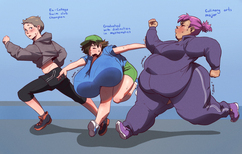 1girls 3girls belly big_belly breasts cantankeravian edie_(cantankerous_avian) exercise fat female huge_breasts multiple_girls onomatopoeia running thighs