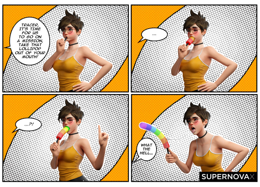 3d 3d_(artwork) big_breasts blush brown_hair choker comic deepthroat dialogue dildo dildo_lollipop english english_text eyeglasses humor lollipop lollipop_dildo meme overwatch overwatch_2 saliva saliva_trail short short_hair supernovax text tongue topwear tracer