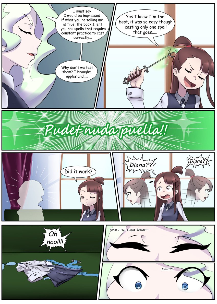 akko_kagari amaredeimus book closed_eyes clothes comic diana_cavendish discarded_clothing little_witch_academia realization spell surprise surprised teleportation wand