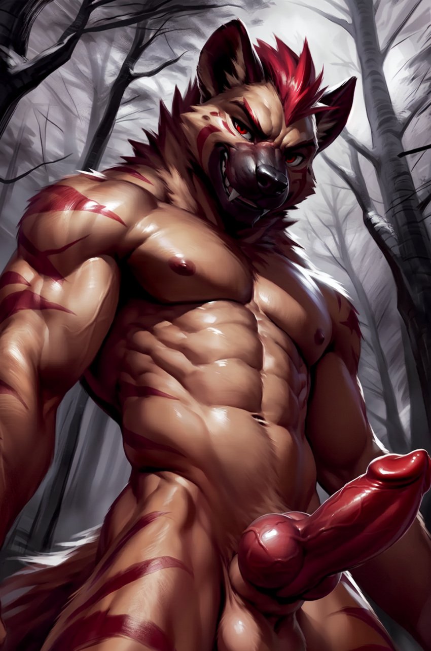 2:3 abs ai_generated animal_genitalia animal_penis anthro balls biceps canid canine canine_penis detailed_background digital_media_(artwork) erection fangs fenrann forest fur genitals hair hi_res hyaenid knot looking_at_viewer low-angle_view male male_only mammal markings muscular muscular_anthro muscular_male nipples nude pecs penis plant red_eyes red_hair smile smirk solo solo_focus solo_male striped_hyena tree vein veiny_penis