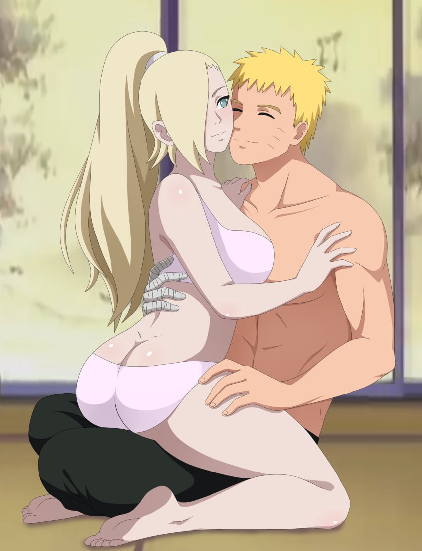 1boy 1girls ass ass_cleavage bandaged_arm bandages barefoot black_pants blonde_hair blush boruto:_naruto_next_generations butt_crack cheating couple cuddling female female half_naked happy hug huge_ass hugging iharuluna_(artist) ino_yamanaka lingerie male male/female milf muscular muscular_male naruto naruto_(series) naruto_shippuden panties pants pink_bra pink_panties romantic romantic_couple round_ass shirtless shirtless_(male) short_hair shounen_jump sitting sitting_on_lap sitting_on_person smile smiling snuggle snuggling straddling straight uzumaki_naruto very_long_hair voluptuous voluptuous_female whisker_markings whiskers yellow_hair