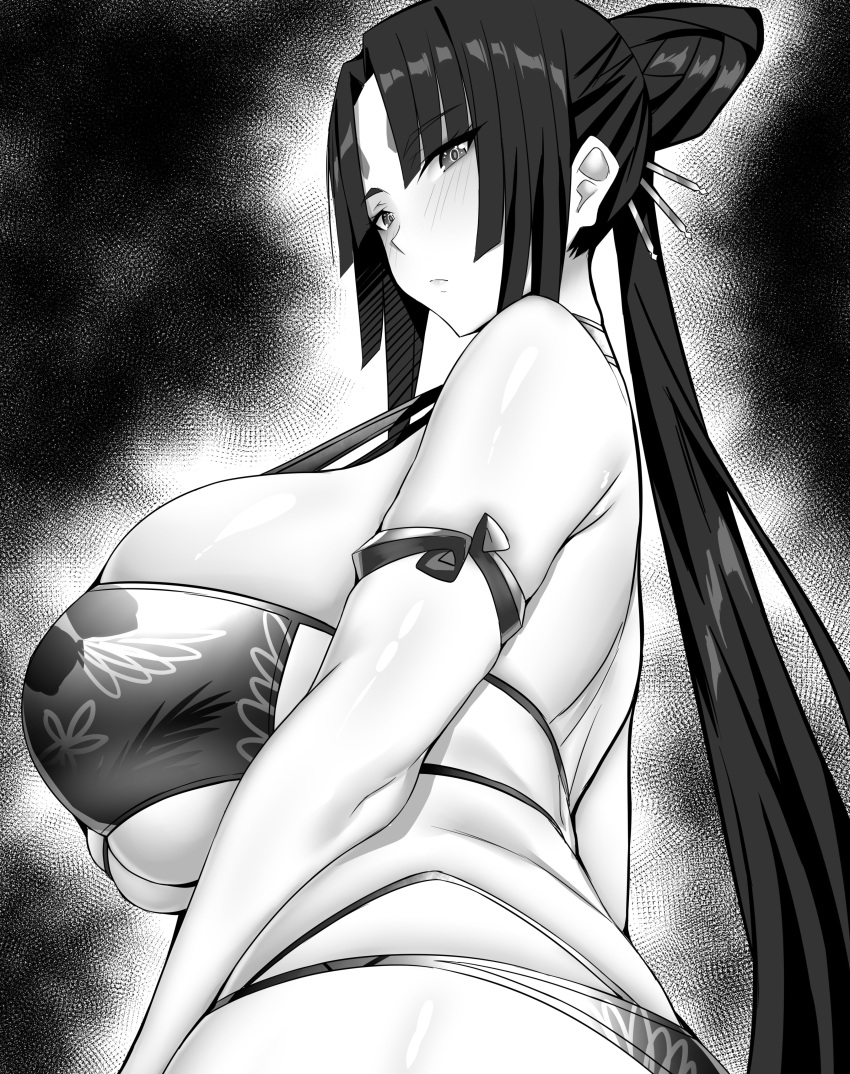 1girls alternate_breast_size arind_yudha bikini black_hair blush breasts bursting_breasts eyepatch_bikini fate/grand_order fate_(series) female huge_breasts long_hair monochrome side_view taira_no_kagekiyo_(fate) tied_hair