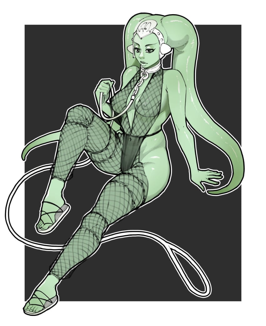 femsub fishnets green_skin harem_girl harem_outfit headwear large_breasts leash oola sandals scribblesquab see-through_clothing slave slave_collar slave_outfit slavegirl star_wars submissive_female twi&#039;lek