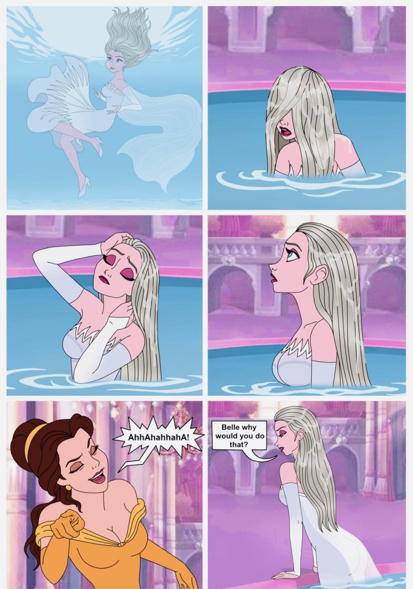 beauty_and_the_beast belle comic disney disney_princess elsa_(frozen) female frozen_(film) laughing serisabibi underwater wet_clothes wet_clothing