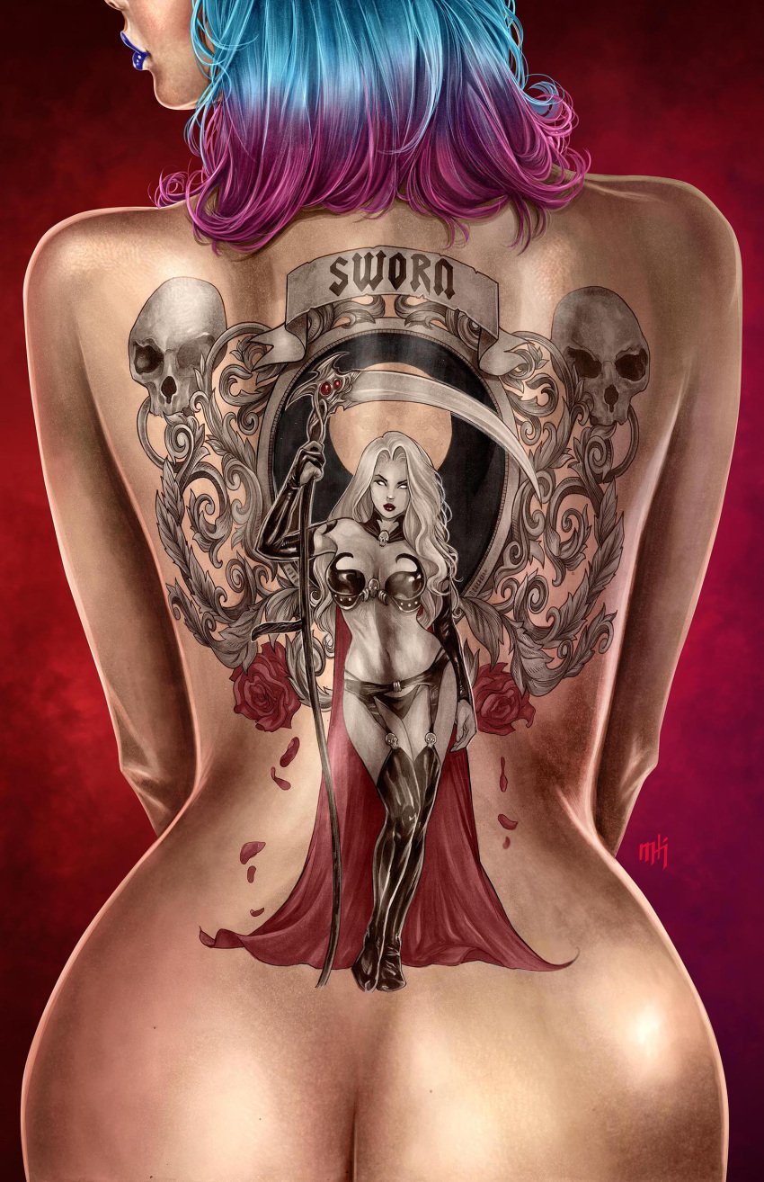 1girls ass back_tattoo back_view close-up lady_death mike_krome nude red_background solo tattoo