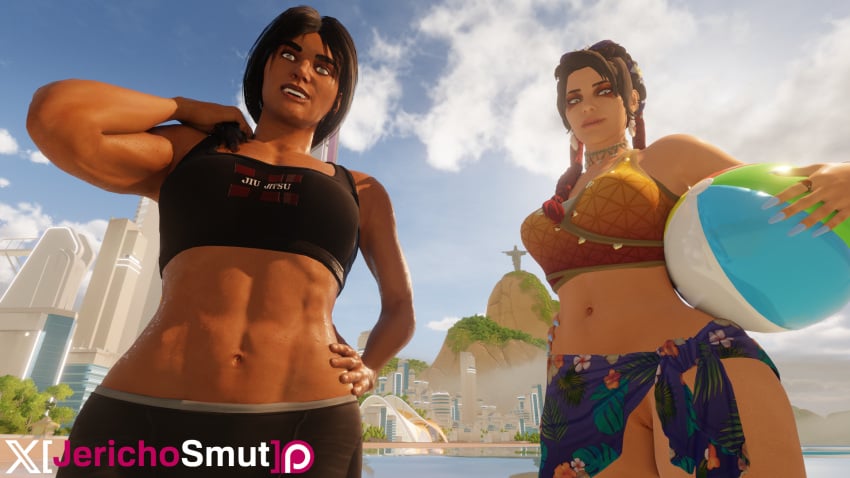 2girls 3d 3d_(artwork) apex_legends beach beach_ball bikini blender brazil brazilian brazilian_female caveira_(rainbow_six) hand hand_on_hip jerichosmut loba_(apex_legends) rainbow_six_siege rio_de_janeiro summer sunny upskirt