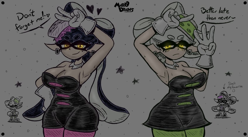 2girls arm_up armpits big_breasts black_hair busty callie_(splatoon) cleavage dress huge_breasts large_breasts marie_(splatoon) marodraws nintendo splatoon sweat sweatdrop sweating sweaty tagme thick_thighs thin_waist white_hair wide_hips