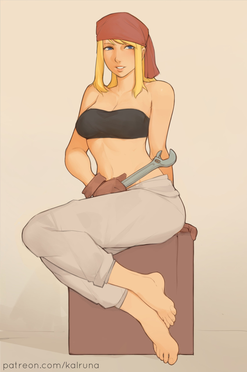 2d absurdres barefoot bikini bikini_top_only blonde_hair blue_eyes bra female fullmetal_alchemist gloves head_scarf highres kalruna strapless strapless_bra swimsuit underwear winry_rockbell wrench